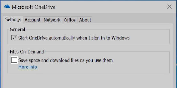 OneDrive Settings: Files On-Demand Unchecked